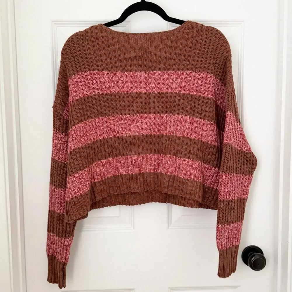 Women American Eagle  Long Sleeve Cropped Henley Sweater Brown Pink Size Medium - Picture 2 of 6